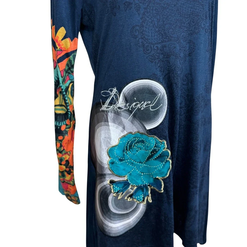 Desigual Y2K Women Navy Blue Long Sleeve Graphic Rose‎ Patch Tunic Top Large